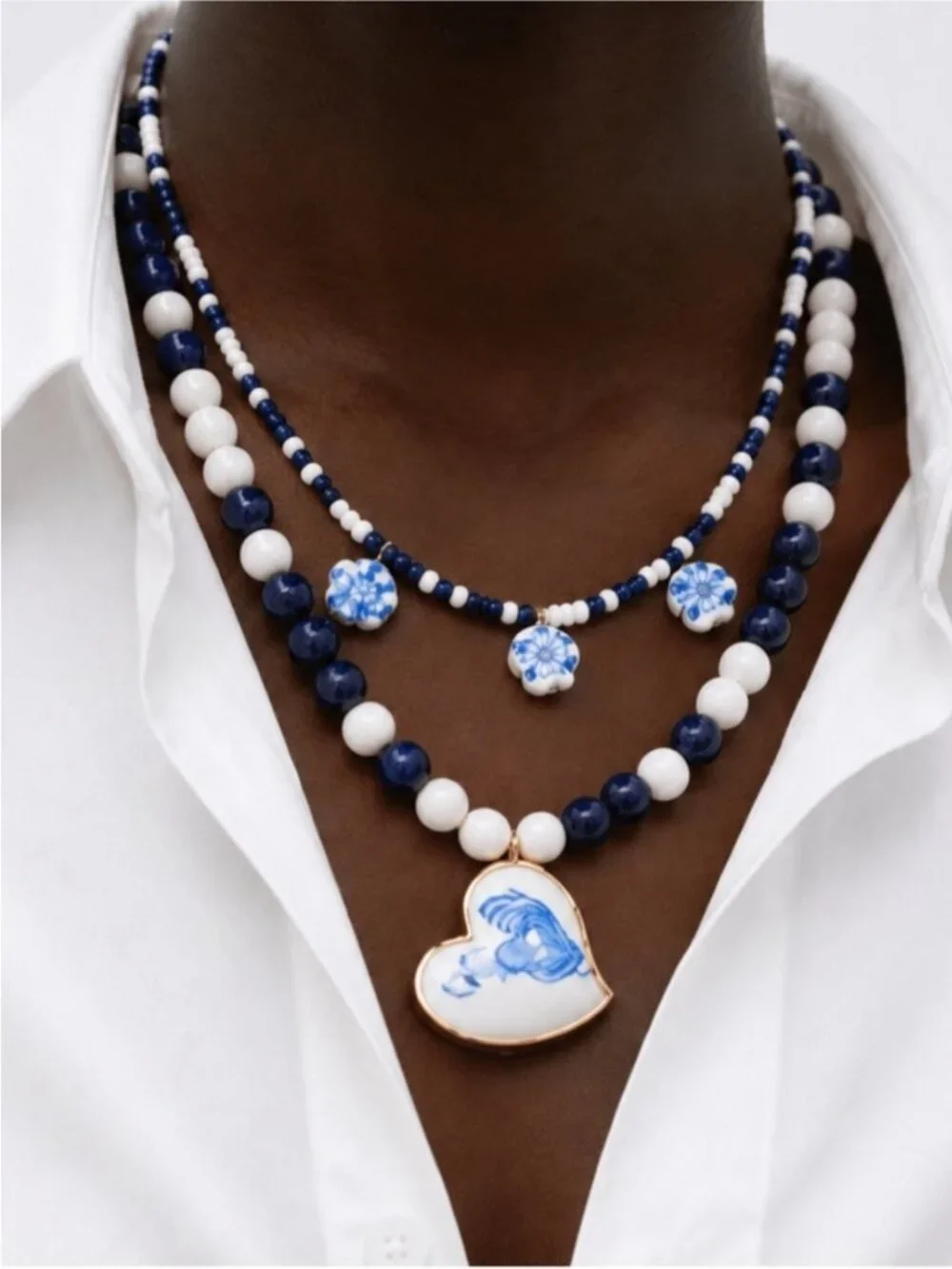 New! Coastal Blue Beaded Oil Drip Necklace Stack Set NWOT 5001